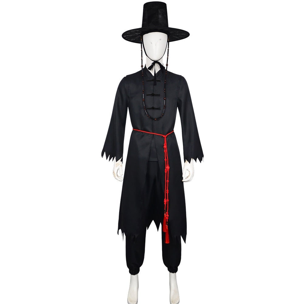 Costume horror mietitore bambini stile coreano, con cappello gat distintivo, per feste a tema.