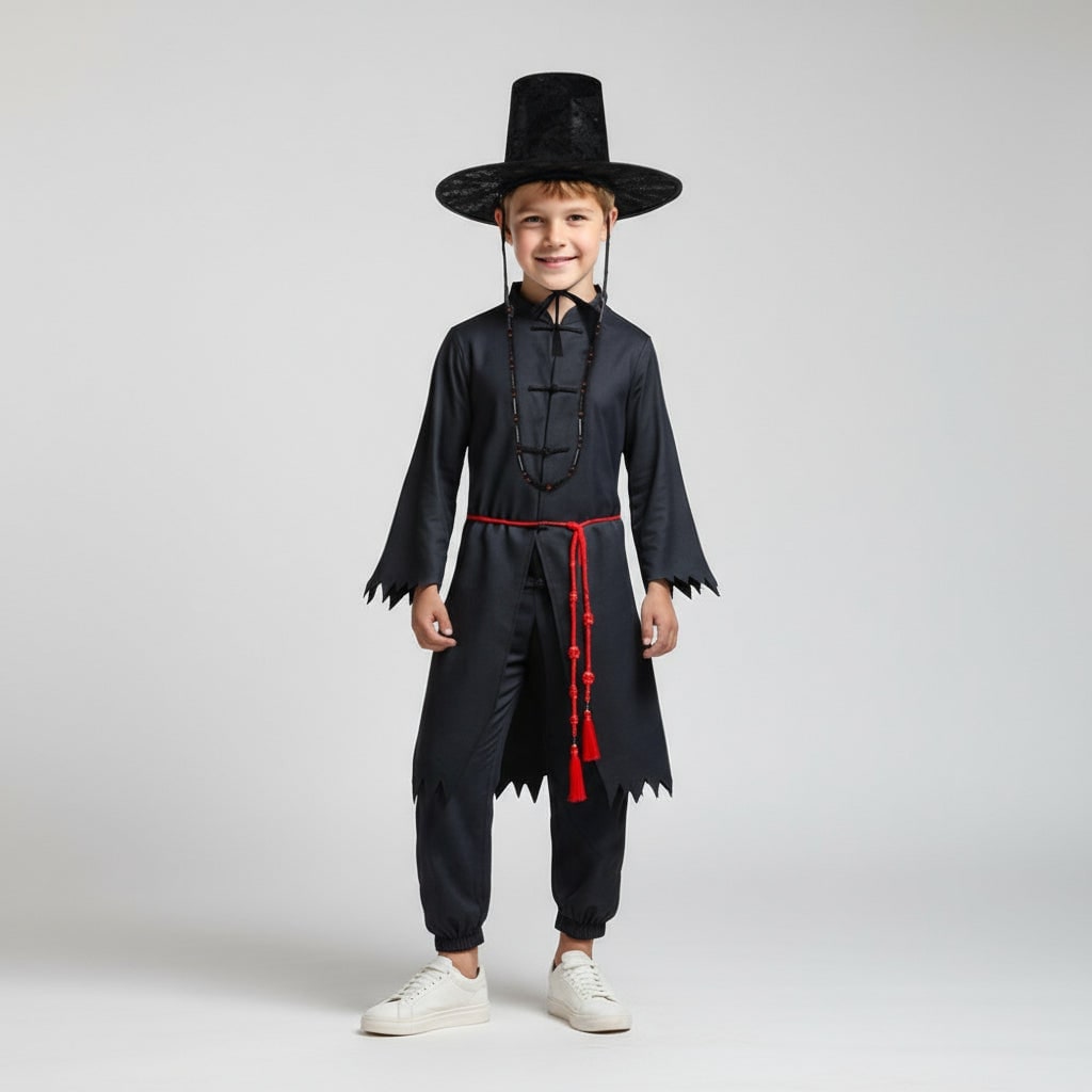 Travestimento completo mietitore coreano per bambino, con cappello tradizionale e dettagli horror.