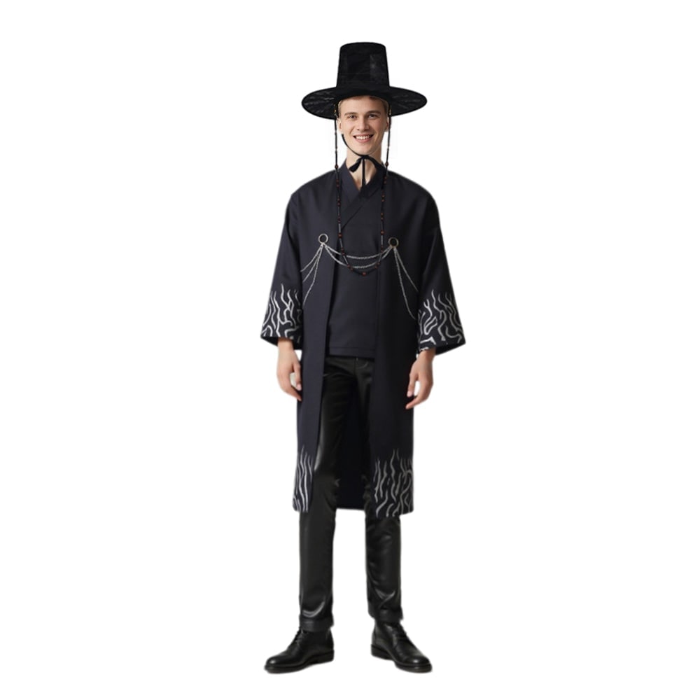 Set costume Halloween mietitore bambino, include tunica scura e cappello gat, per feste.