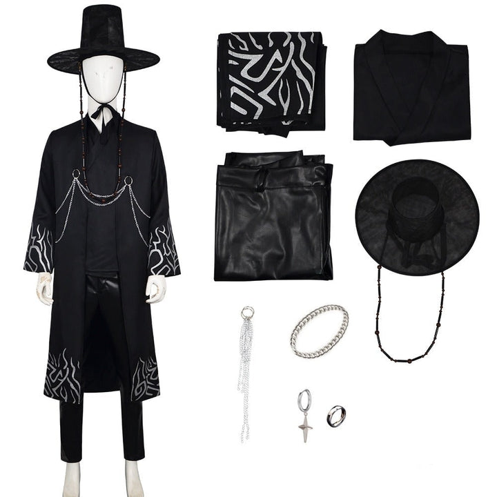 Costume cosplay mietitore per bambini stile coreano, con elegante cappello gat nero.