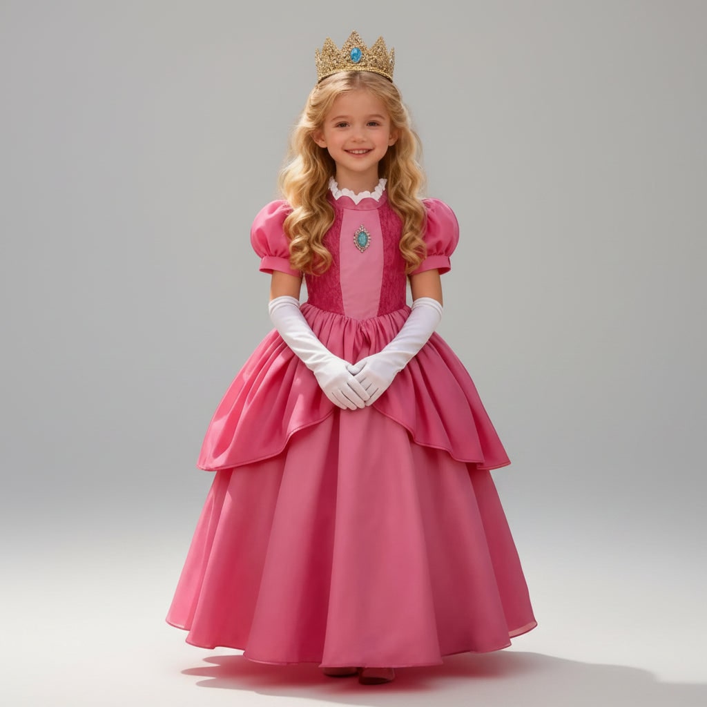 Costume Principessa Fungo rosa per bambina con corona e bacchetta magica, perfetto per feste a tema e travestimenti.