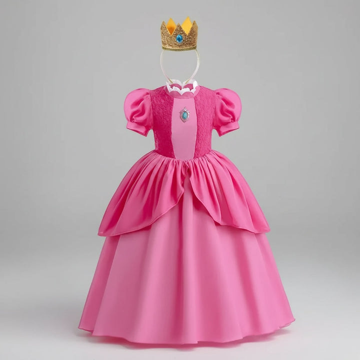 Bambina che indossa un magico costume da principessa fungo rosa, completo di accessori reali per Halloween o feste.