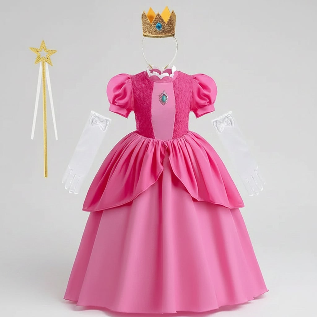 Dettaglio del vestito principessa fungo rosa per bambina, con gonna a balze e decorazioni lucide. Ideale per gioco di ruolo.