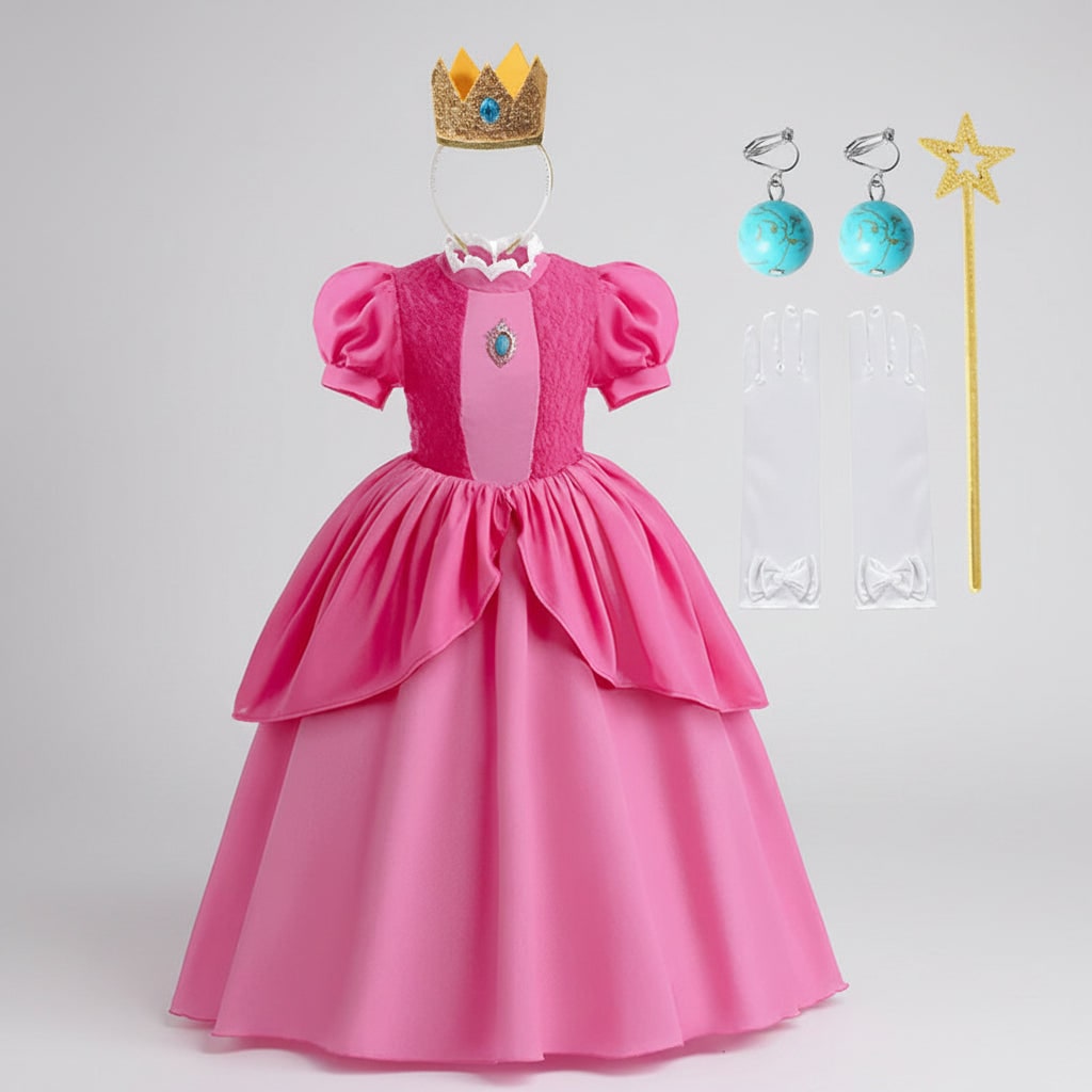 Accessori del costume principessa fungo: corona dorata, bacchetta magica scintillante e vestito rosa. Per un look da favola.