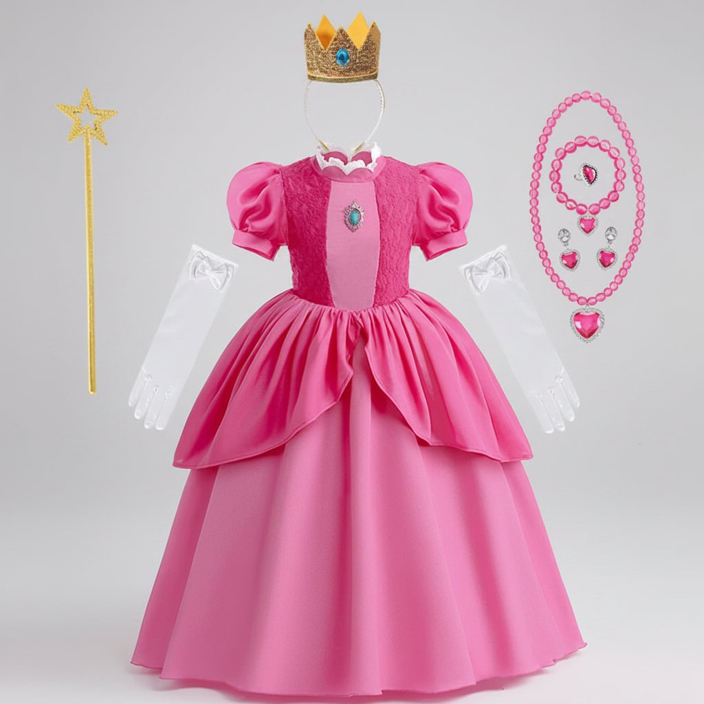 Costume da principessa fungo per bambina, vestito rosa con dettagli unici, per trasformarsi in una figura incantata.