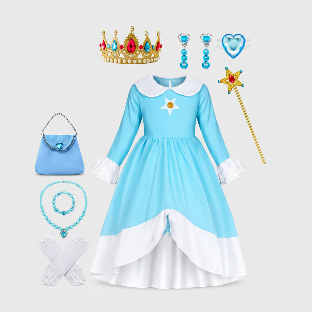 Costume da principessa Halloween per bambina blu con corona e bacchetta magica, ideale per carnevale o festa a tema.