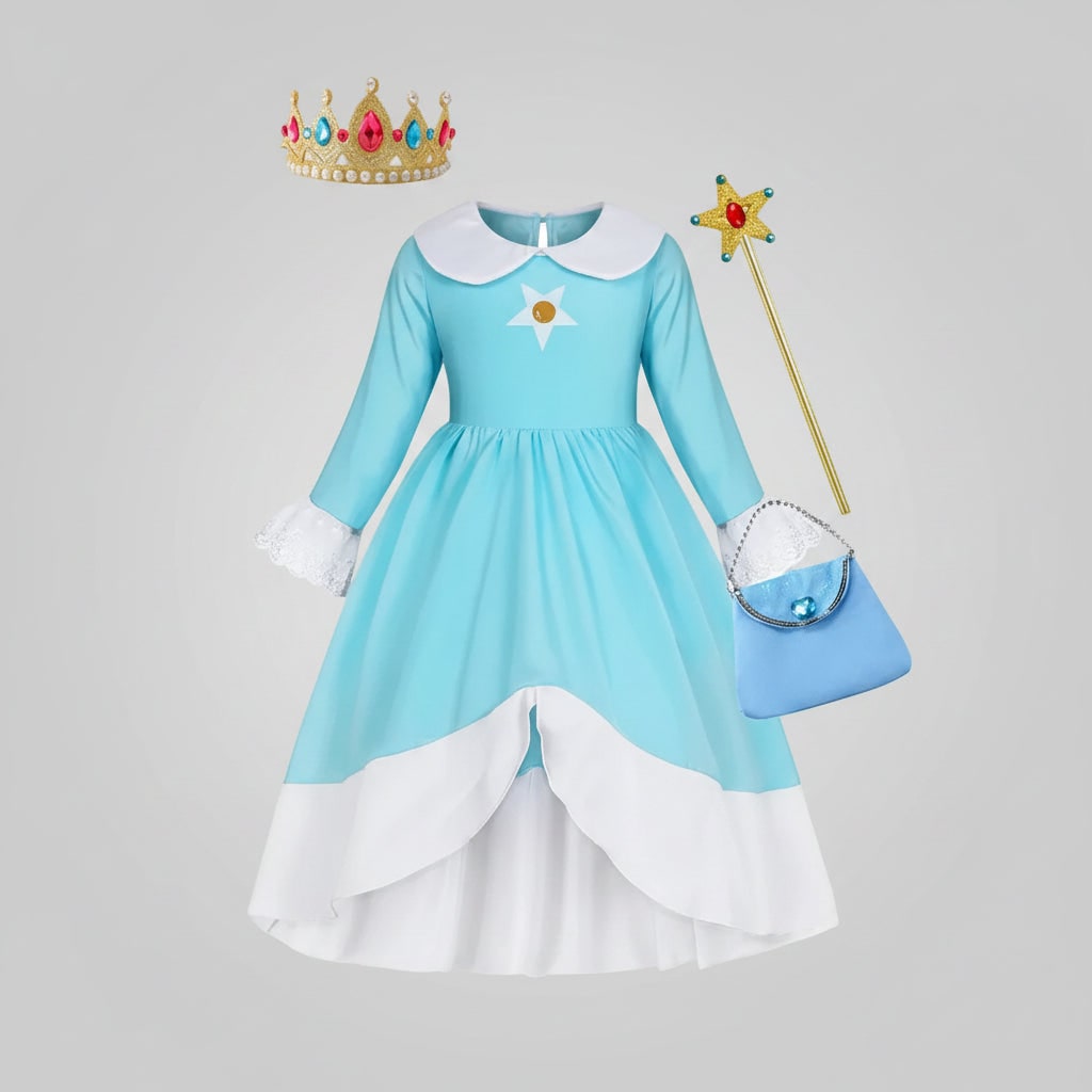 Vestito da principessa blu per bambina, completo di corona e bacchetta, perfetto per gioco di ruolo e travestimenti.