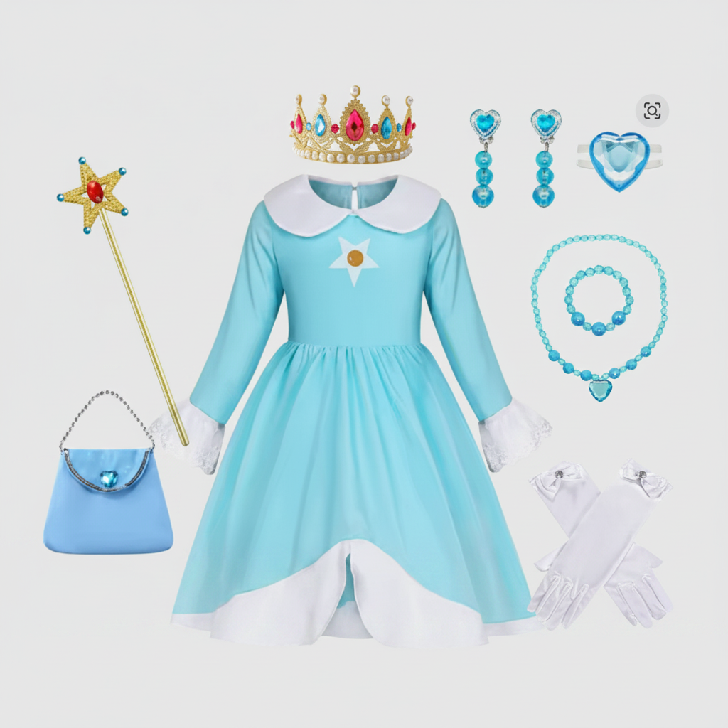 Abito da festa per bambina, costume principessa fiaba blu con accessori. Regalo perfetto per Halloween o compleanno.
