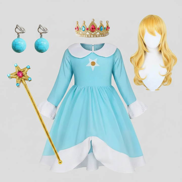 Costume da principessa per bambina, abito blu lucido con dettagli, corona e bacchetta per un magico gioco di ruolo.
