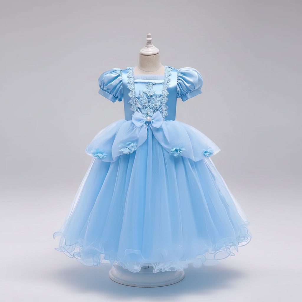 Costume da principessa per bambina, vestito elegante con tiara e accessori completi per festa.