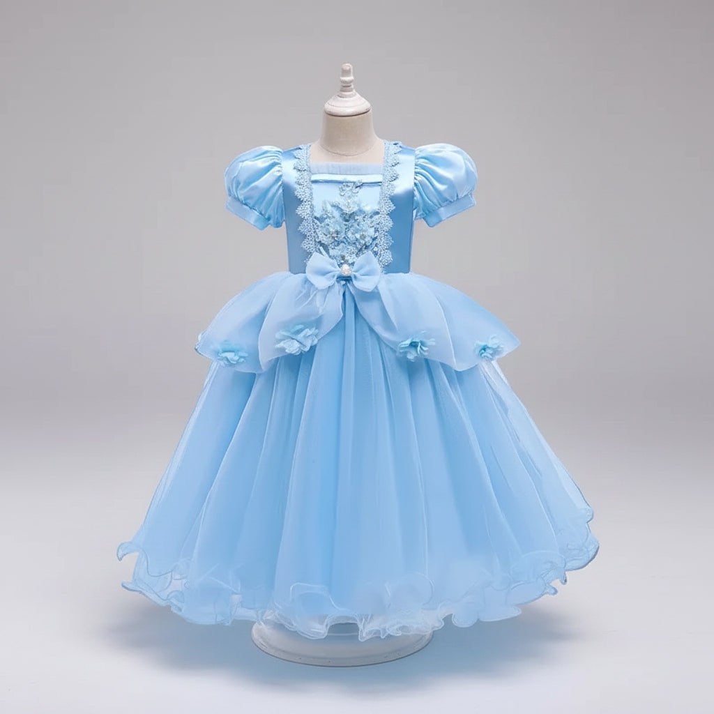 Set costume principessa bambina, vestito fiabesco completo di tiara e gioielli per gioco ruolo.
