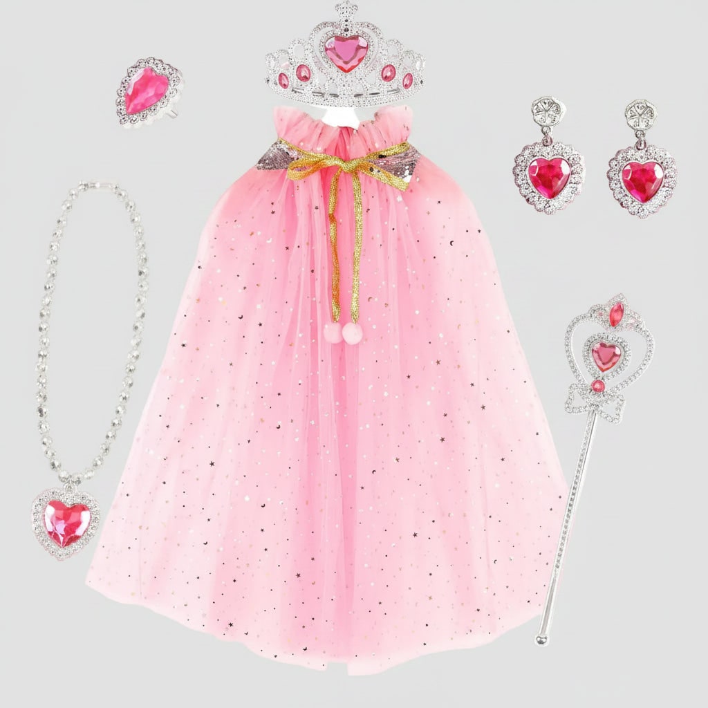 Costume da principessa scintillante per bambina, con mantello viola, tiara, bacchetta e gioielli per feste o Halloween.