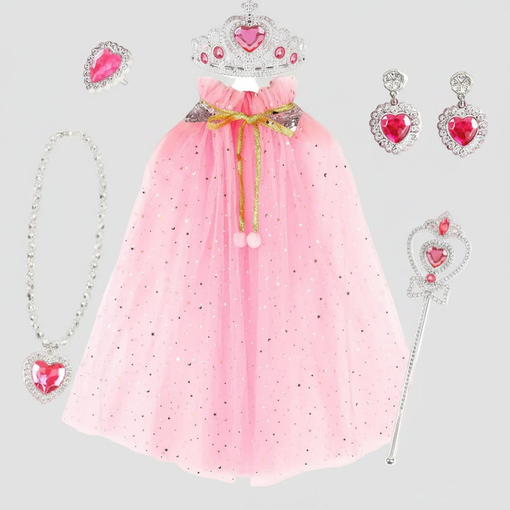 Costume da principessa scintillante per bambina, con mantello viola, tiara, bacchetta e gioielli per feste o Halloween.