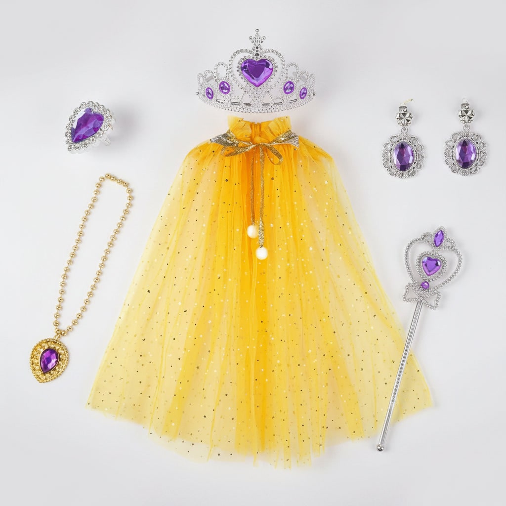 Costume da principessa per bambina con abito rosa, mantello, tiara, bacchetta magica e gioielli, ideale per travestimenti.