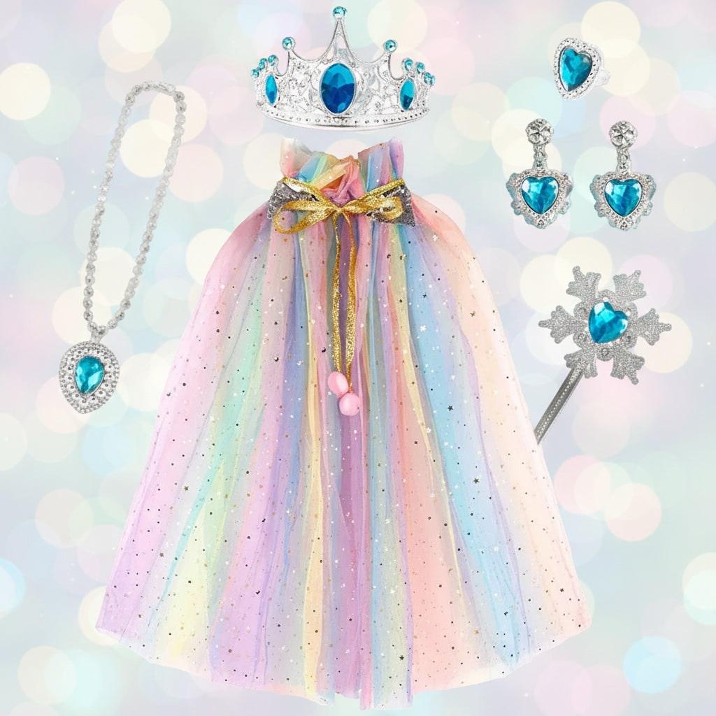 Elegante costume da principessa per bambina con mantello lungo e scintillante, perfetto per un travestimento da favola.