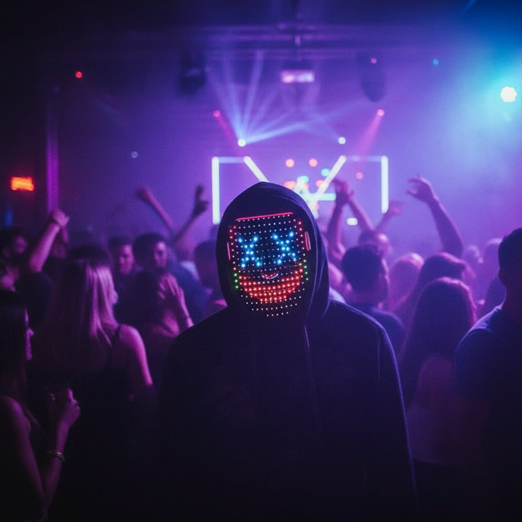 Maschera LED interattiva unisex con luci programmabili, ideale per Halloween, feste e cosplay.
