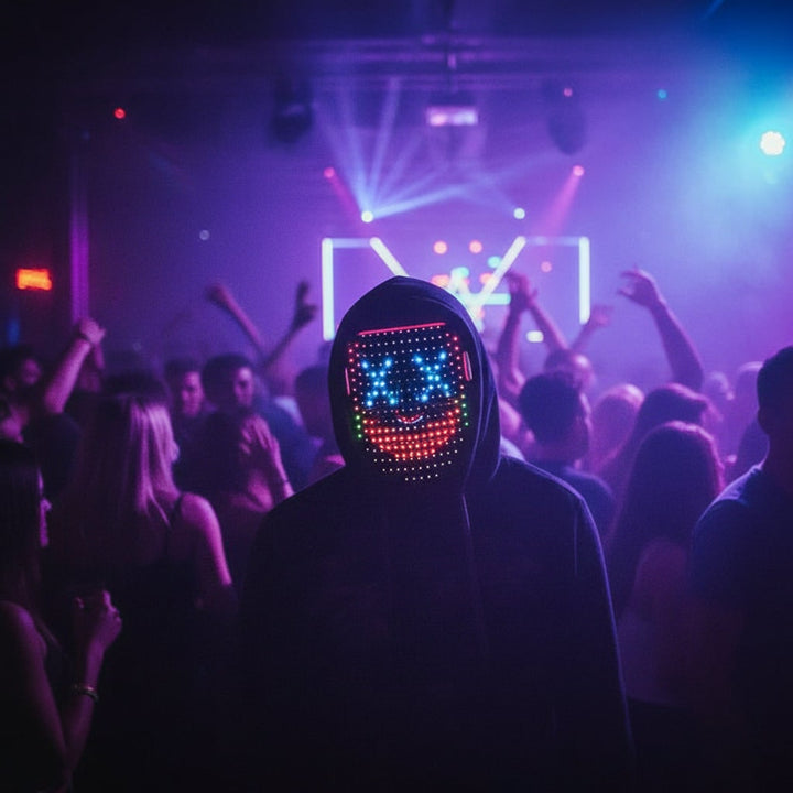 Maschera LED interattiva unisex con luci programmabili, ideale per Halloween, feste e cosplay.