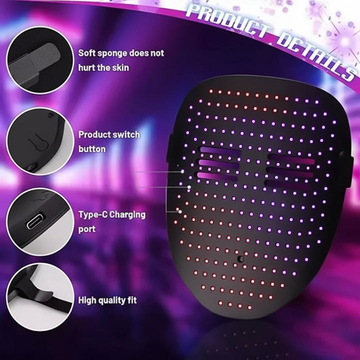 Maschera LED futuristica e interattiva per Halloween, con app personalizzabile per effetti luce dinamici.