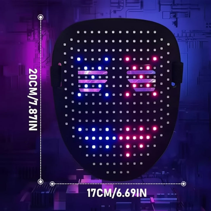 Maschera LED per Halloween e feste, con display luminoso programmabile, perfetta per un impatto visivo straordinario.