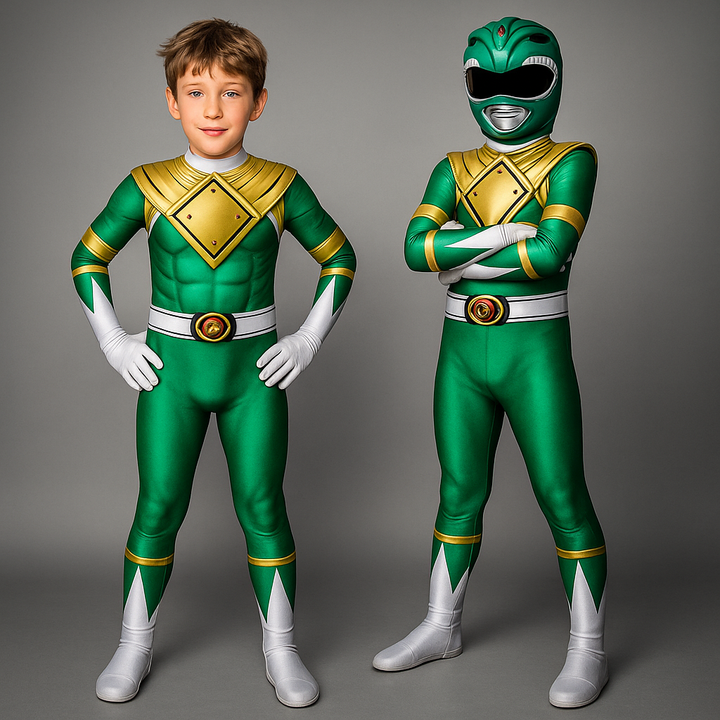 Costume completo supereroe per bambini con tuta e maschera. Ideale per giochi di ruolo, carnevale e feste.