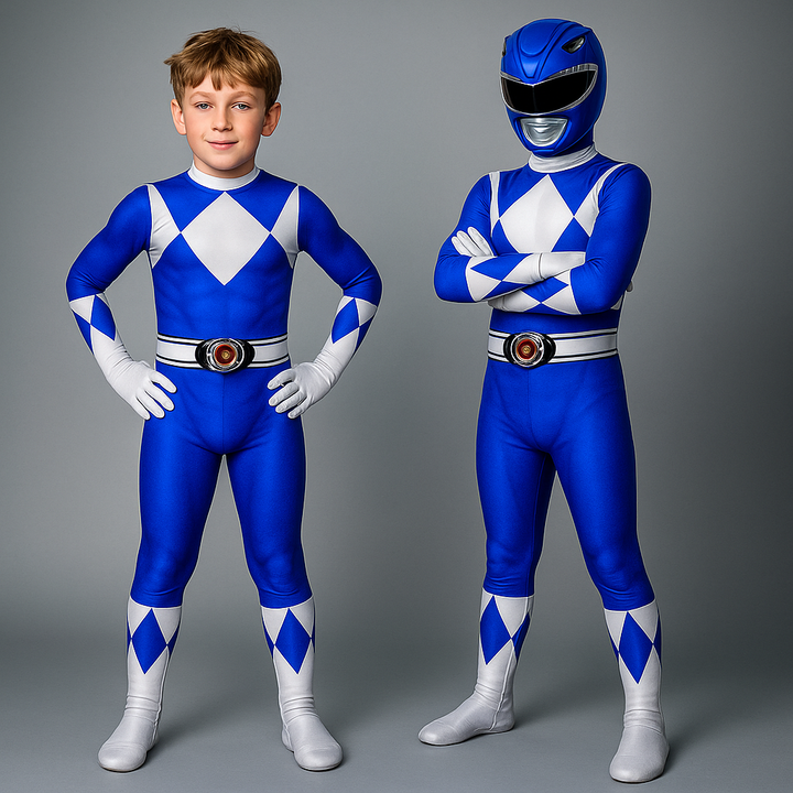 Bambino con costume da supereroe e maschera, pronto per feste di compleanno e Halloween. Divertimento assicurato.