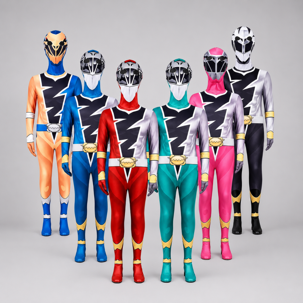 Costume supereroe bambino colorato, perfetto per Halloween e giochi di ruolo. Include tuta integrale e maschera.