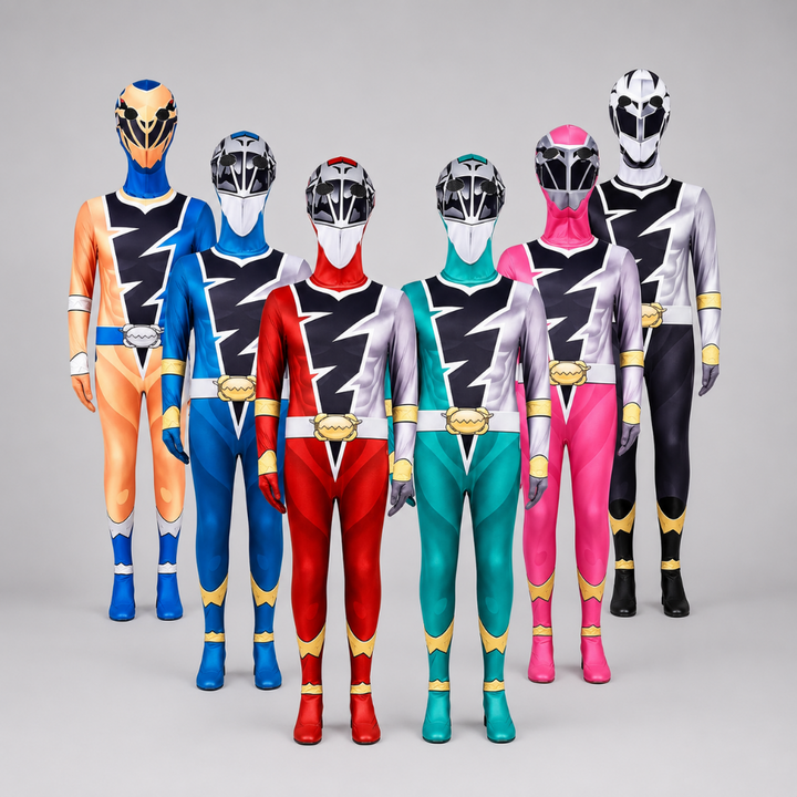 Costume supereroe bambino colorato, perfetto per Halloween e giochi di ruolo. Include tuta integrale e maschera.