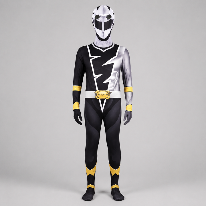 Costume da eroe colorato per bambini, tuta e maschera incluse, ideale per feste a tema.