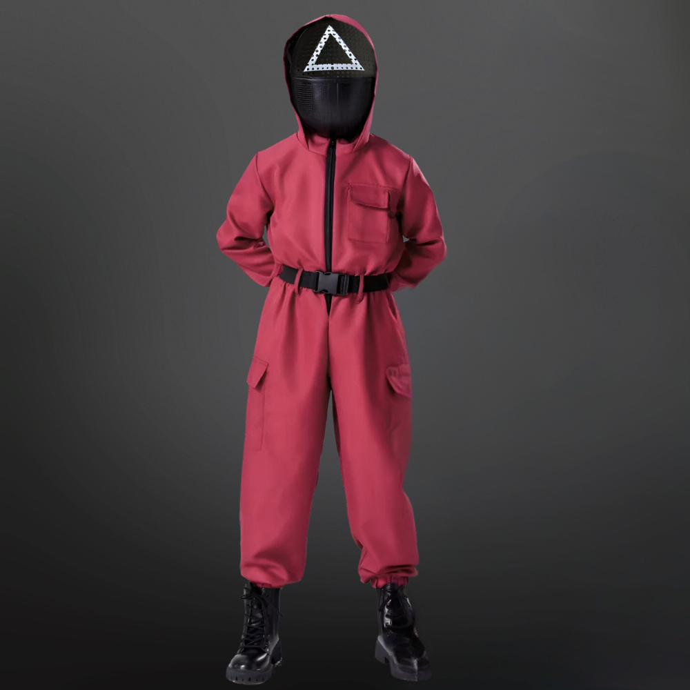 Bambino in costume gioco di sopravvivenza completo con tuta, maschera e accessori per cosplay e festa.