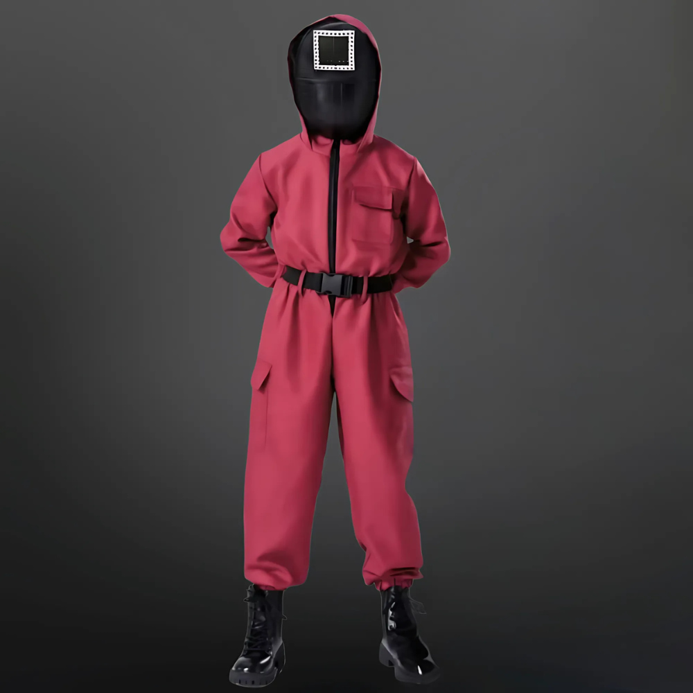 Bambino felice in costume tuta da gioco di sopravvivenza, pronto per giochi di ruolo e festa di carnevale.