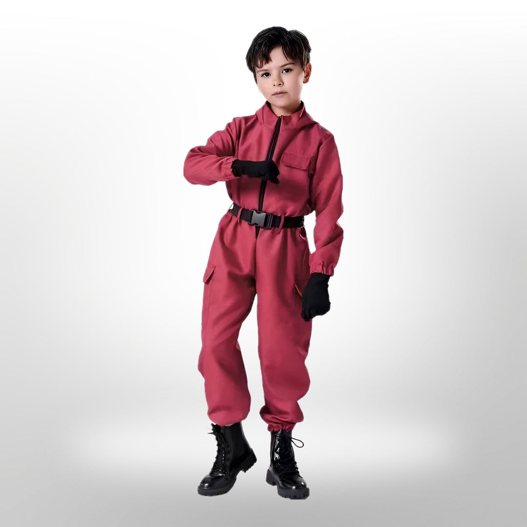 Costume bambini gioco di sopravvivenza con maschera, perfetto per feste a tema, Halloween e travestimenti.