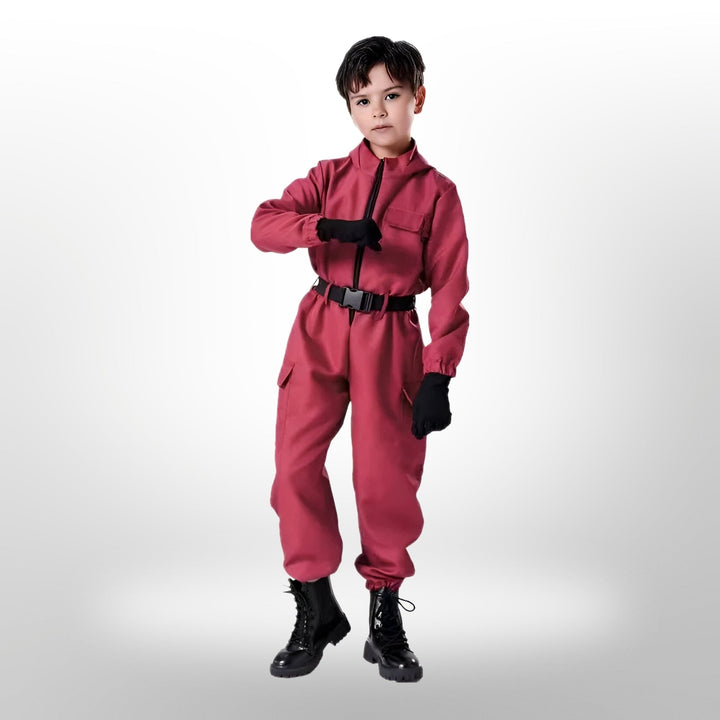 Costume bambini gioco di sopravvivenza con maschera, perfetto per feste a tema, Halloween e travestimenti.