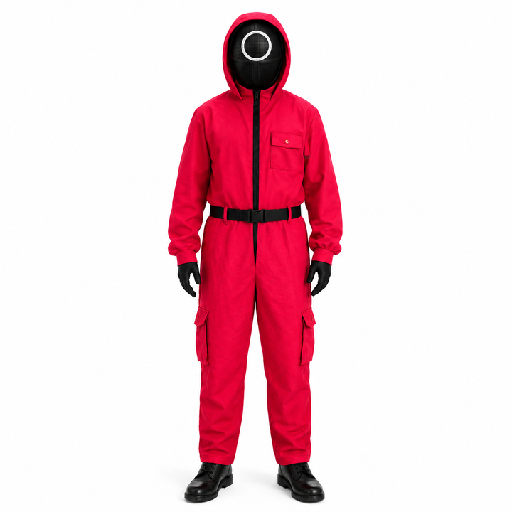 Costume intero rosso da gioco sopravvivenza per bambini, perfetto per cosplay o travestimento festa.