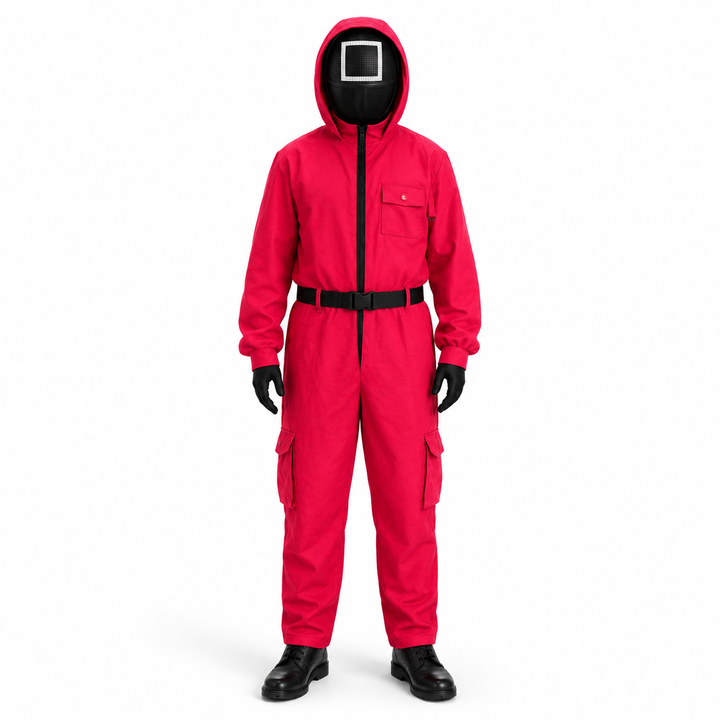 Tuta cosplay rossa da bambino per giochi di sopravvivenza, un costume completo per Halloween.