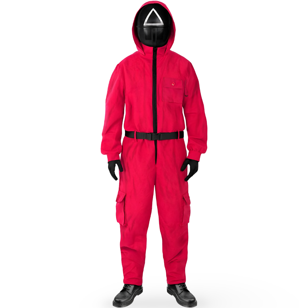 Abito rosso completo per bambini, stile gioco sopravvivenza, ideale per feste e cosplay.