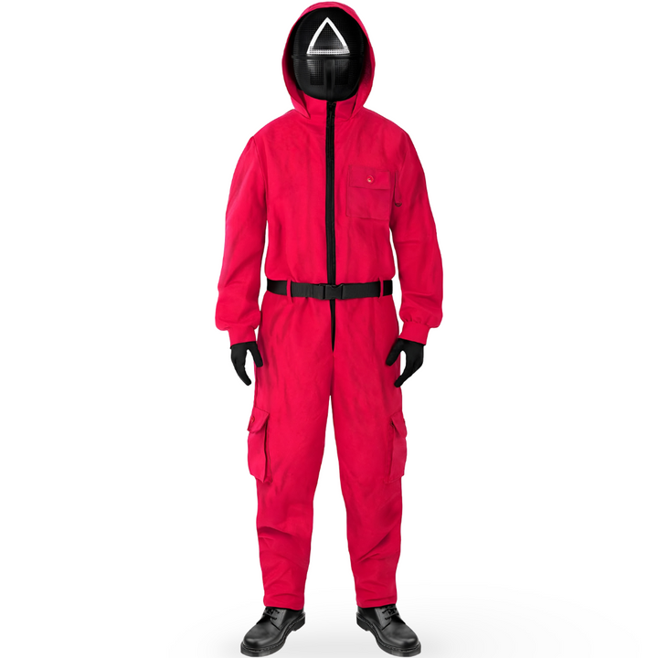 Abito rosso completo per bambini, stile gioco sopravvivenza, ideale per feste e cosplay.