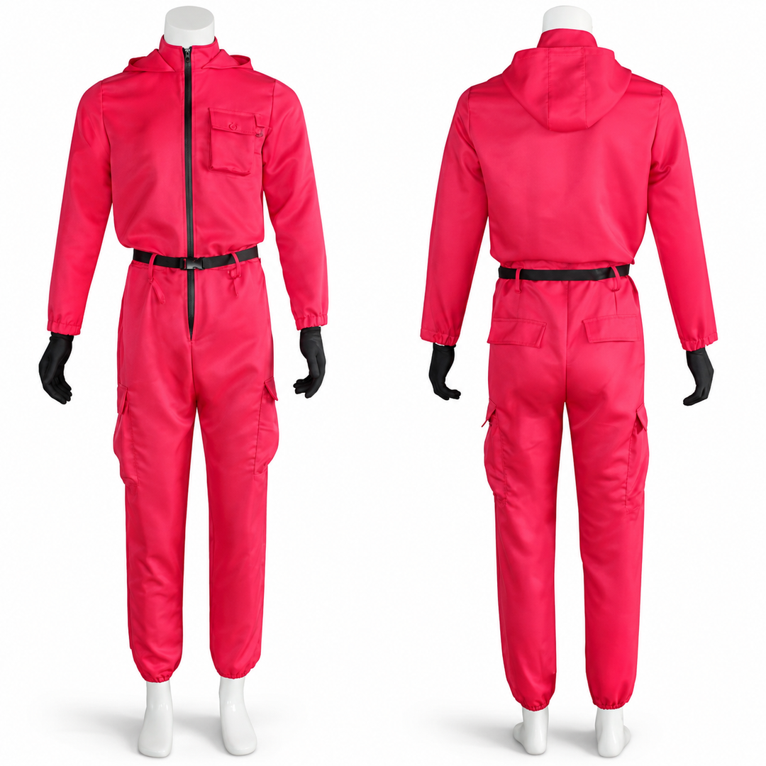 Costume da bambino tuta rossa gioco sopravvivenza, perfetto per travestimenti di Halloween.