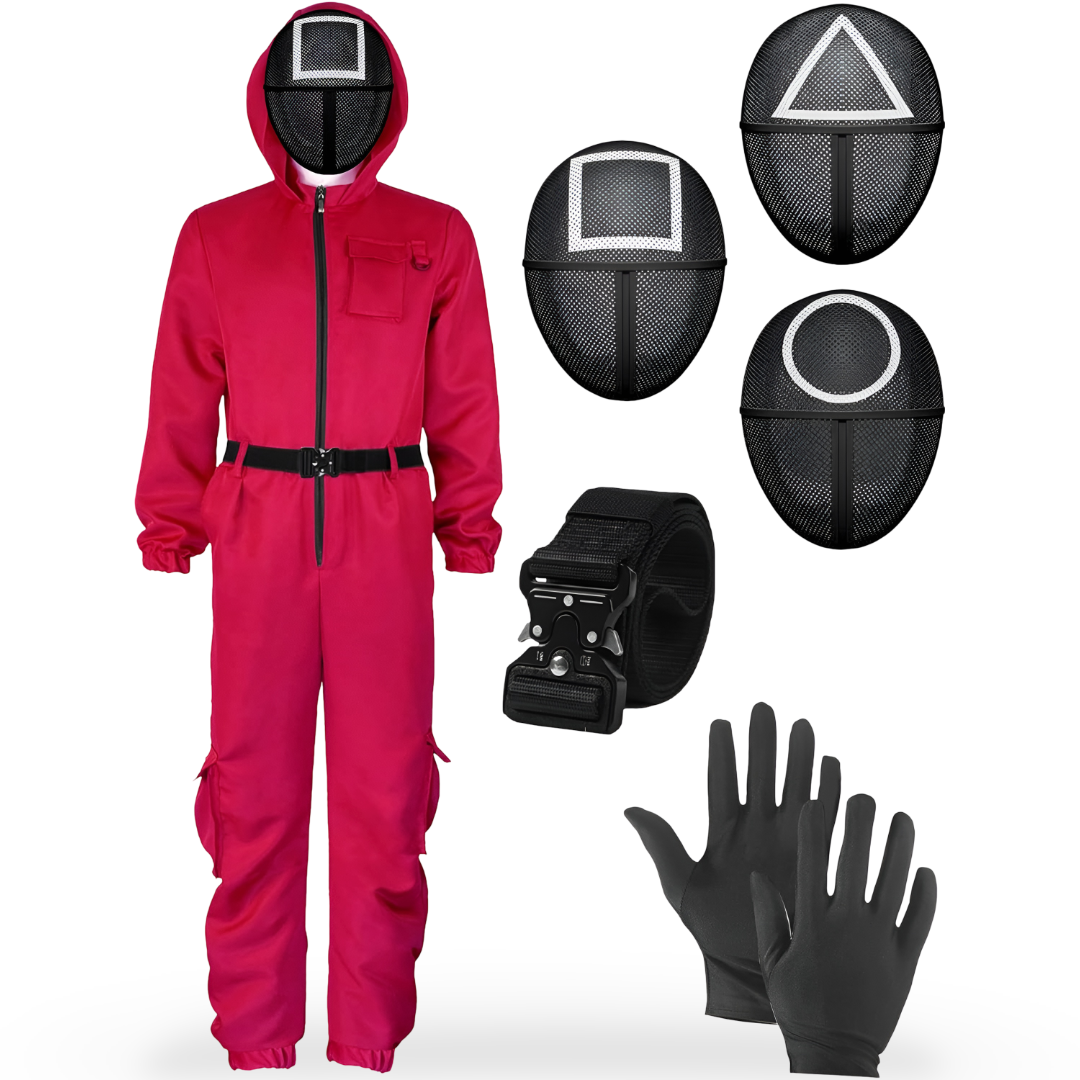 Tuta rossa per bambini, costume cosplay completo per giochi di sopravvivenza e feste a tema.