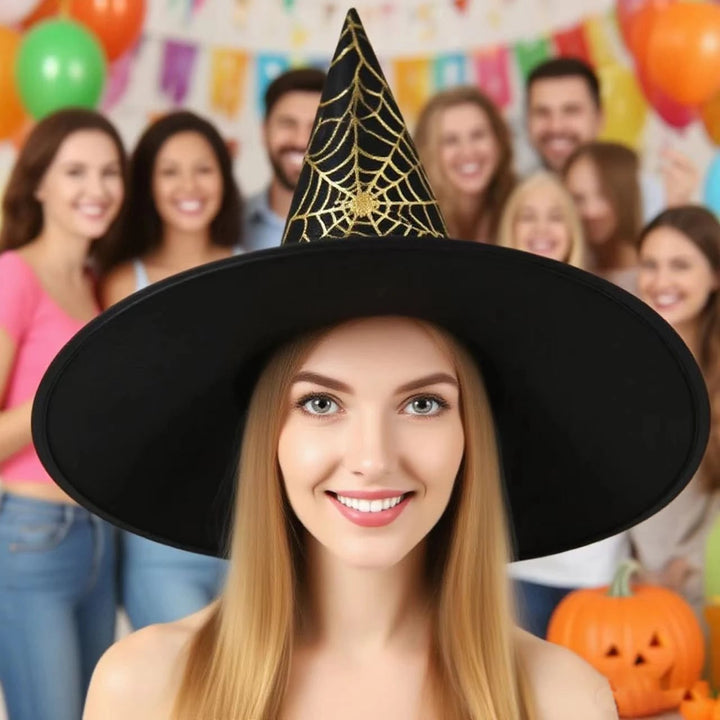 Cappello a punta nero per travestimento da strega bambini, con ragnatela bianca. Accessorio gotico Halloween.