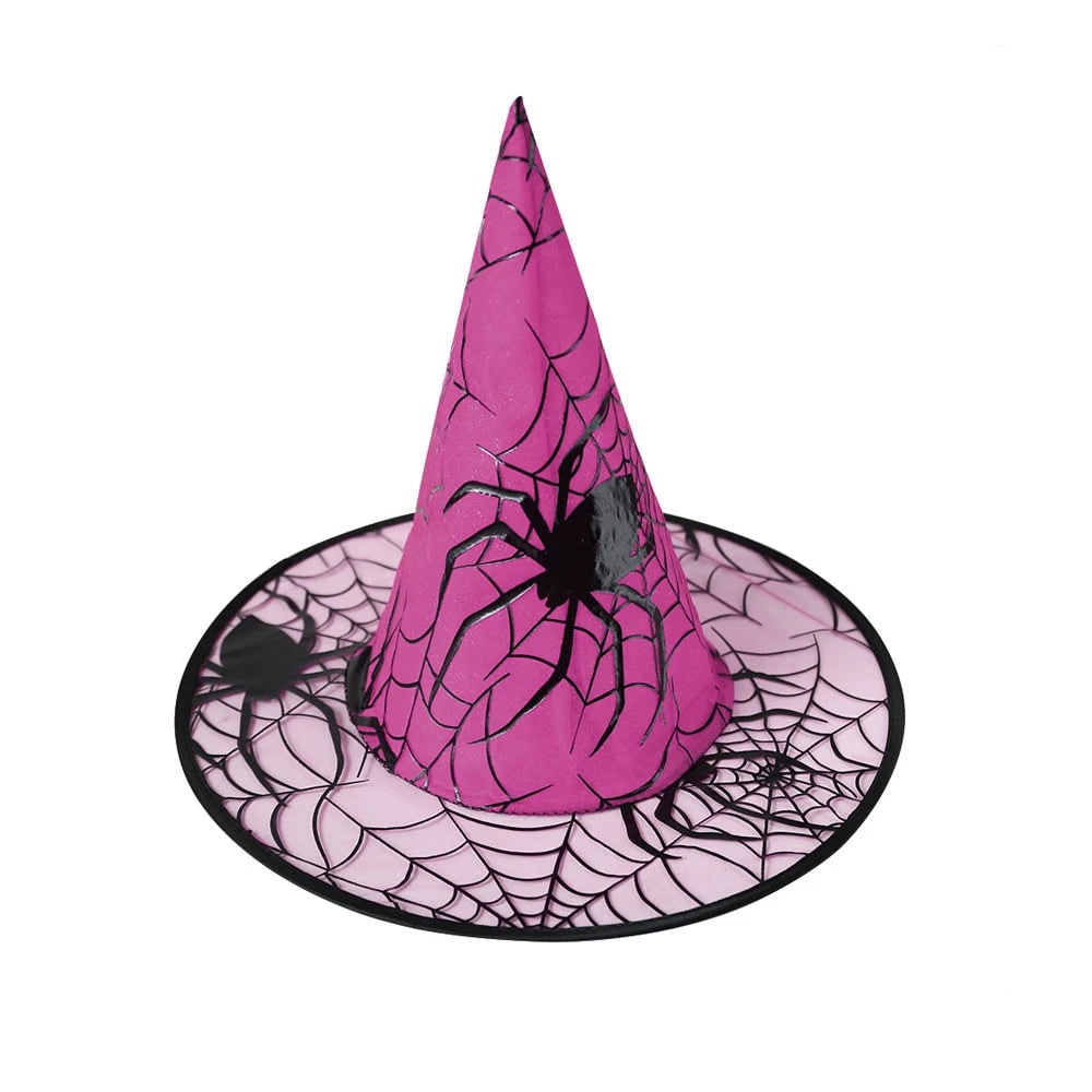 Cappello da strega per bambini nero con ragnatela. Accessorio per costume di Halloween spaventoso.
