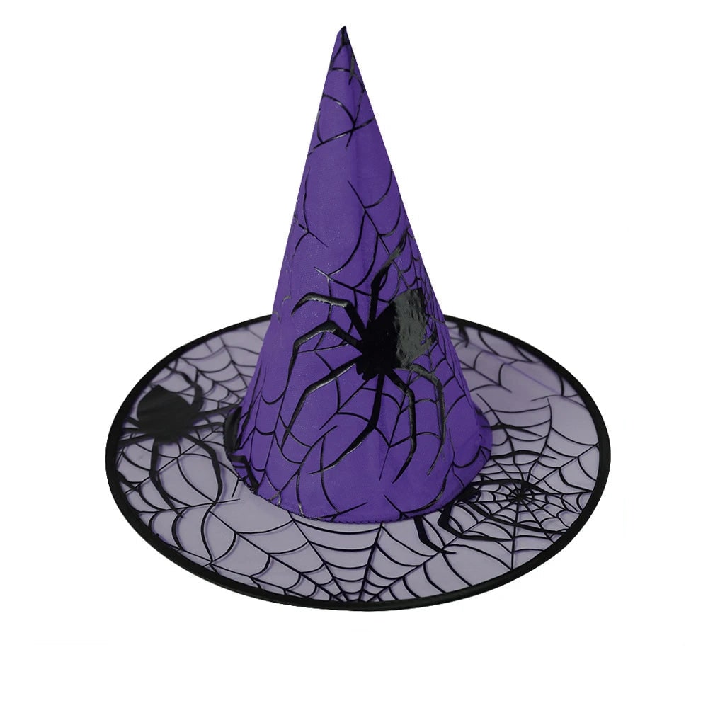 Cappello da strega nero per bambini, decorato con una grande ragnatela. Ideale per il travestimento di Halloween.