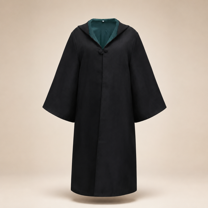 Elegante tunica da mago nera per bambini, con ampio cappuccio e maniche a campana, ideale per cosplay magici.