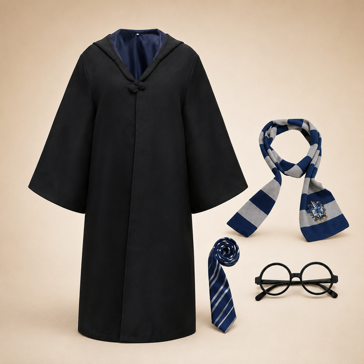 Costume da mago per bambini, tunica nera con cappuccio, perfetto per travestimenti di Halloween o feste a tema magia.