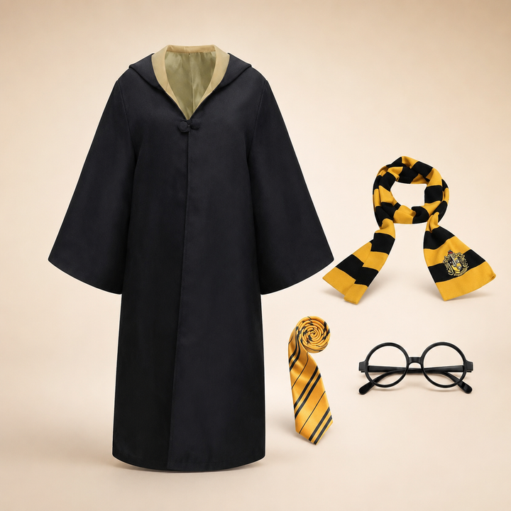 Tunicamaglia da mago nera per bambini, con cappuccio, ideale per cosplay di scuola di magia e avventure fantastiche.