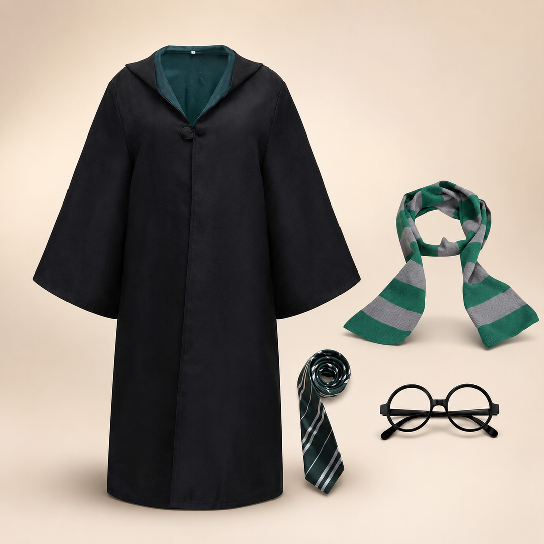 Costume da mago nero lungo con cappuccio per bambini, tunica fluida e accessori per la magia, perfetto per feste.