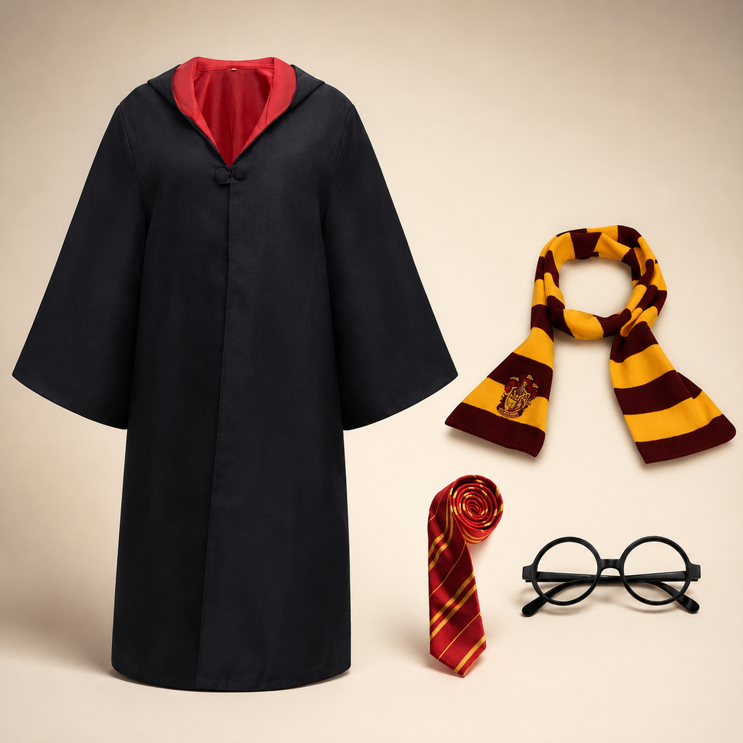 Costume da mago per bambini con tunica nera e cappuccio, ideale per travestimenti di Halloween o giochi di ruolo.