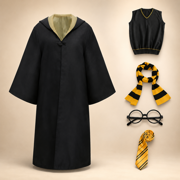 Tunicamaglia da mago nera per bambini con cappuccio, un accessorio essenziale per costumi di Halloween e magia.