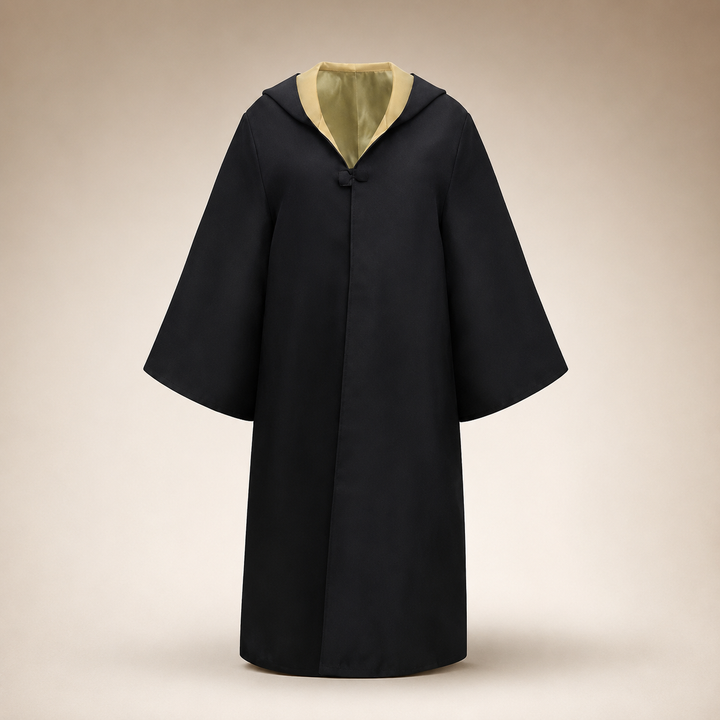 Mantello tunica da mago nero per bambini con cappuccio, versatile per Halloween, cosplay e feste a tema magia.