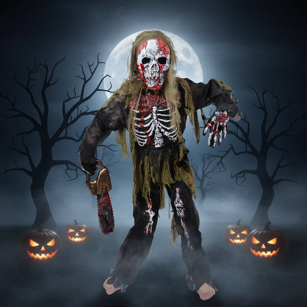 Costume da scheletro zombie bambini completo con maschera e guanti, ideale per Halloween e feste a tema spettrali.