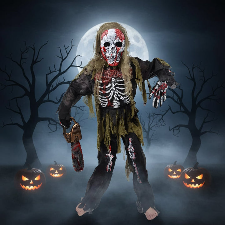 Costume da scheletro zombie bambini completo con maschera e guanti, ideale per Halloween e feste a tema spettrali.